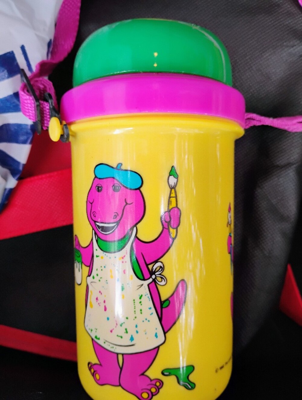 Vintage Kids Yellow and Pink Artist Barney Dinosaur Water Bottle - Unbranded